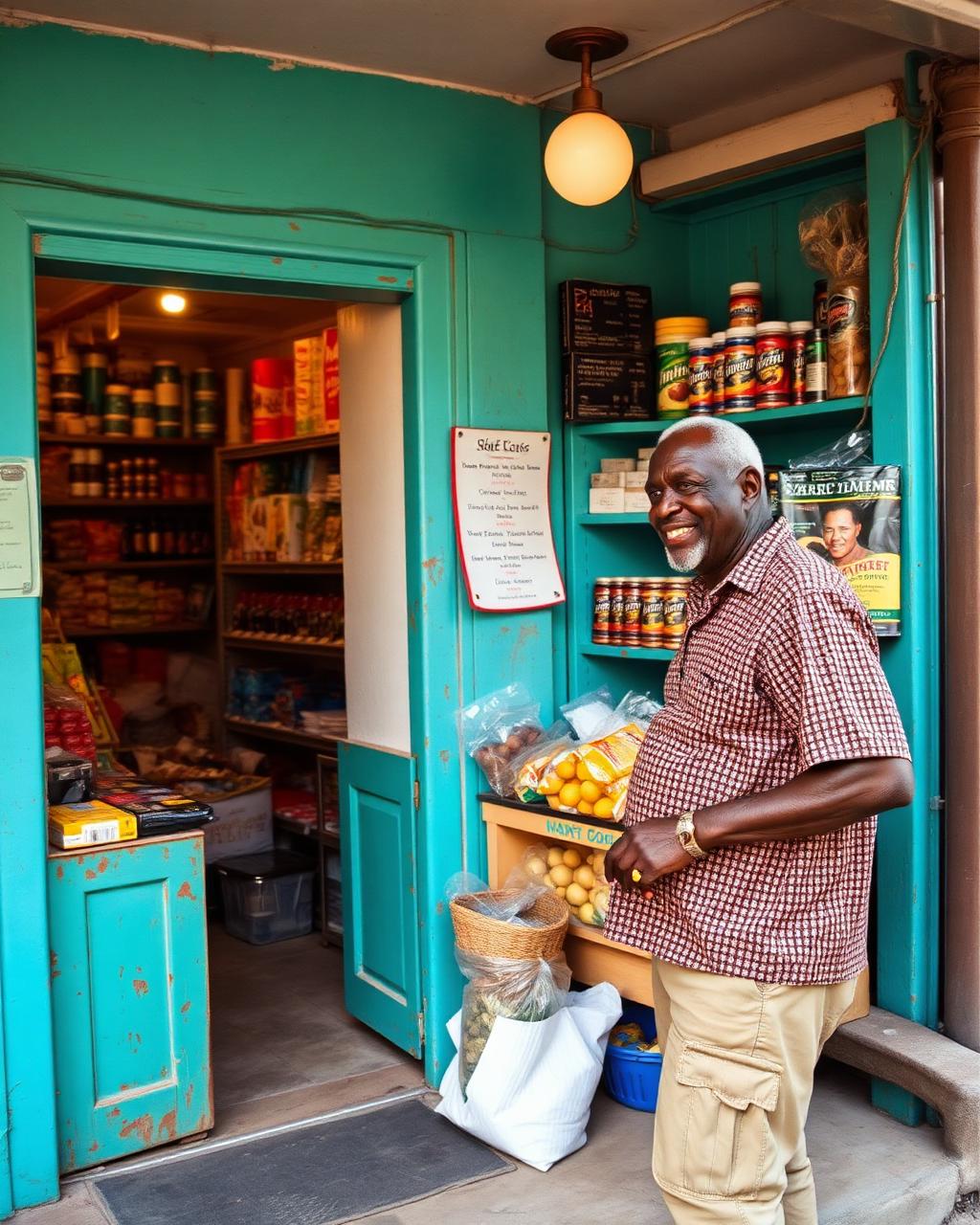 Caribbean corner shop owner serving a neighbour