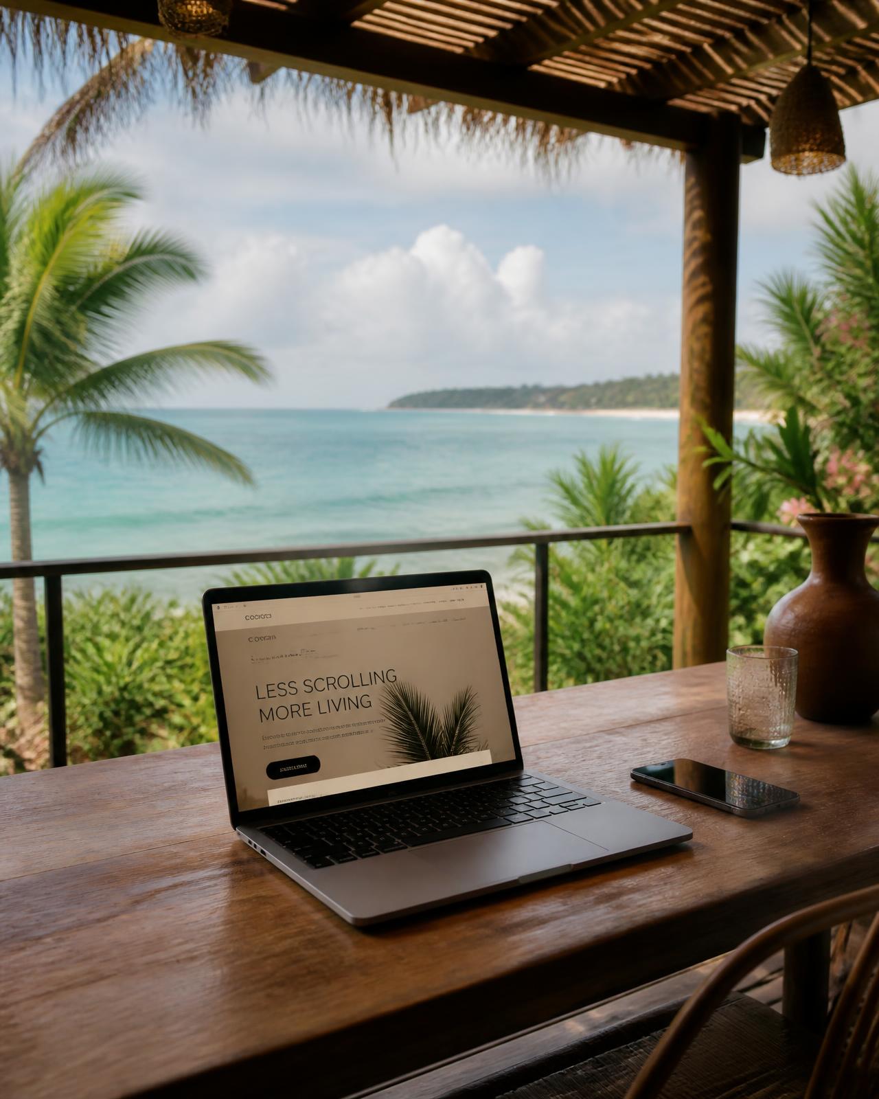 A laptop on a terrace overlooking the Caribbean sea