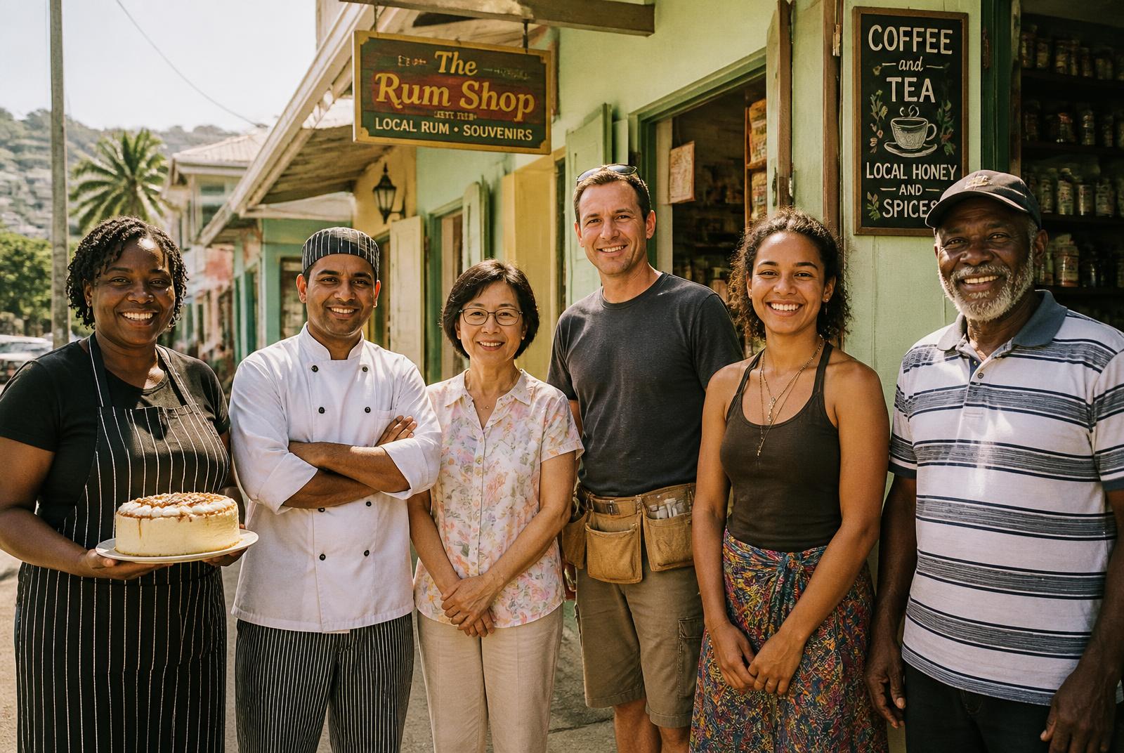 A group of Caribbean business owners standing together on their street