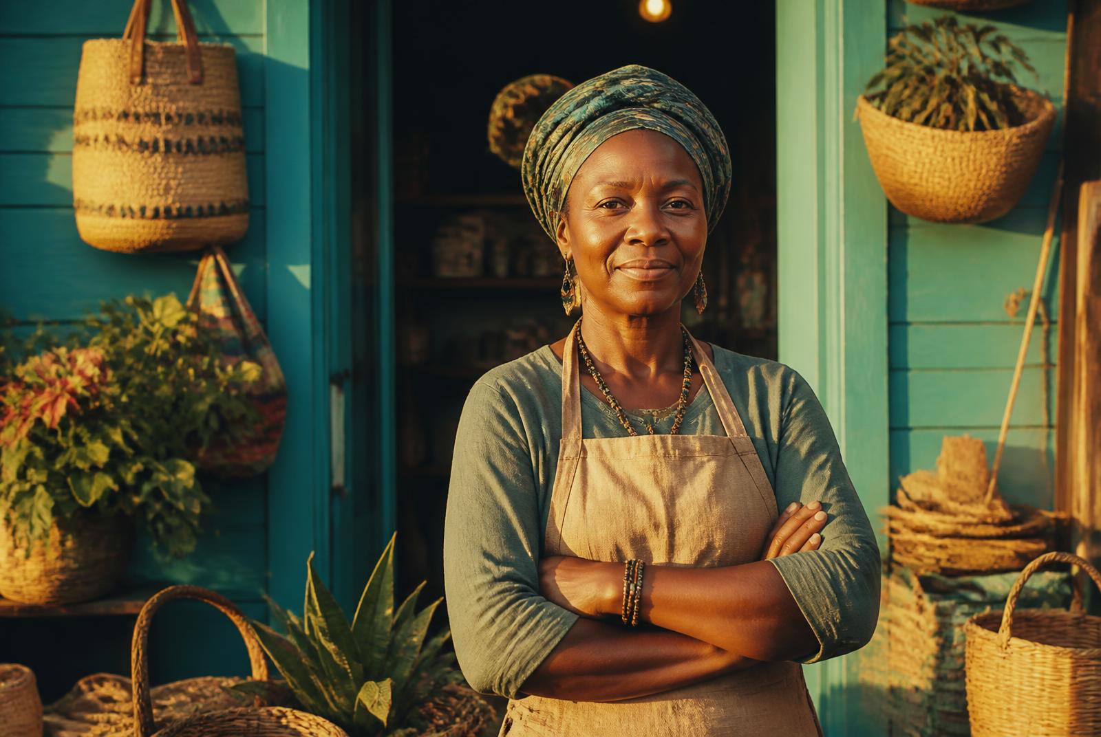 A proud Caribbean business owner standing outside her shop
