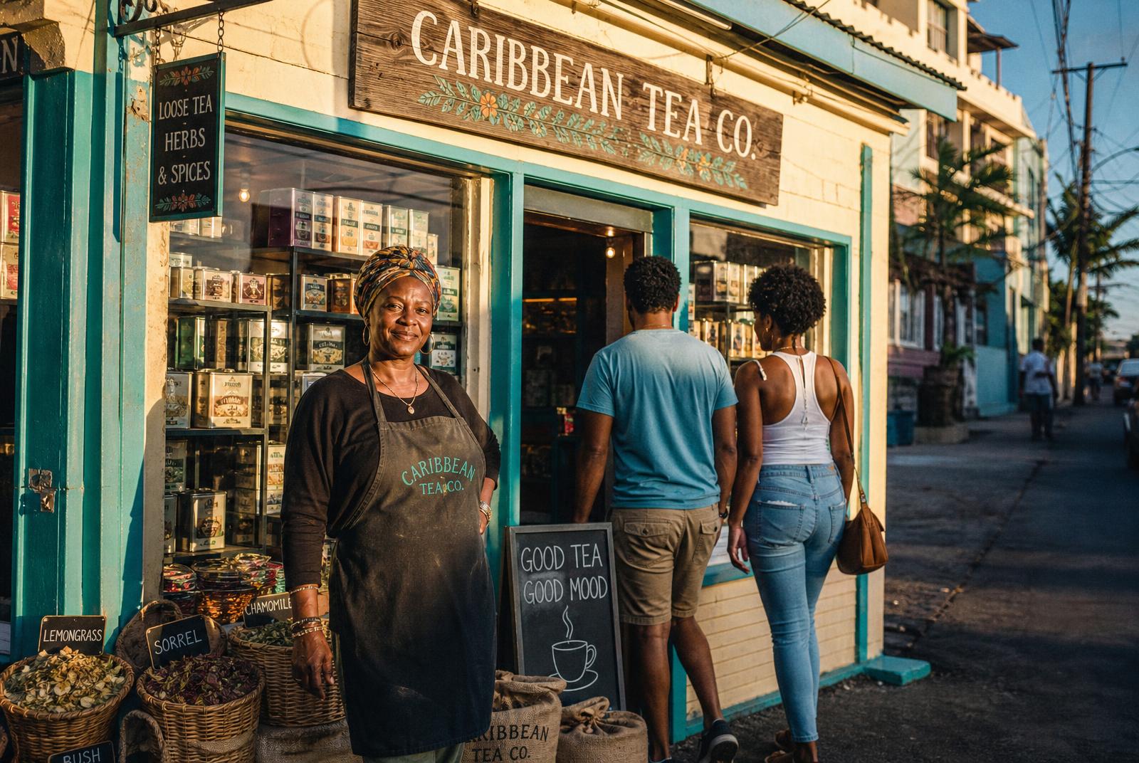 Owner of Caribbean Tea Co. standing outside her shop as customers walk in